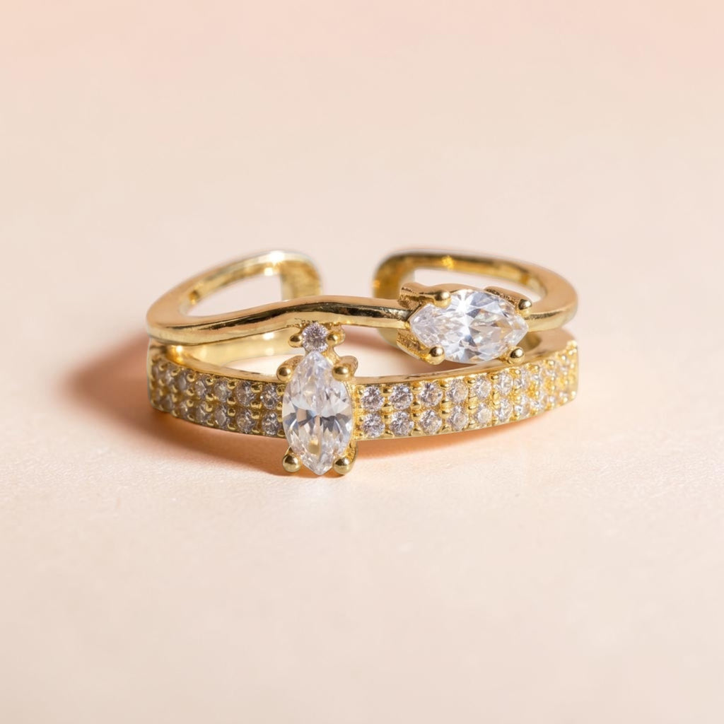 Crystal Gold Plated Adjustable Statement Ring - Free Size