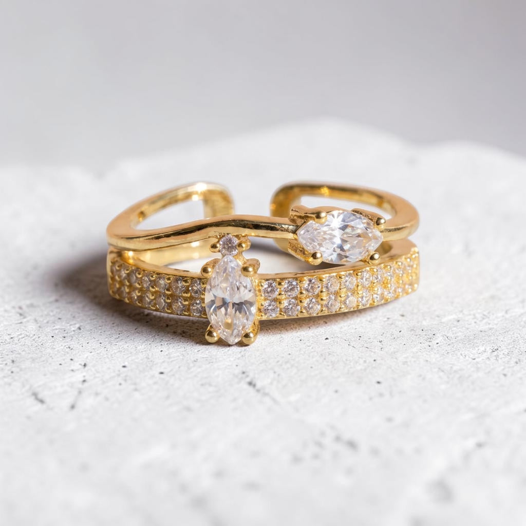 Crystal Gold Plated Adjustable Statement Ring - Free Size