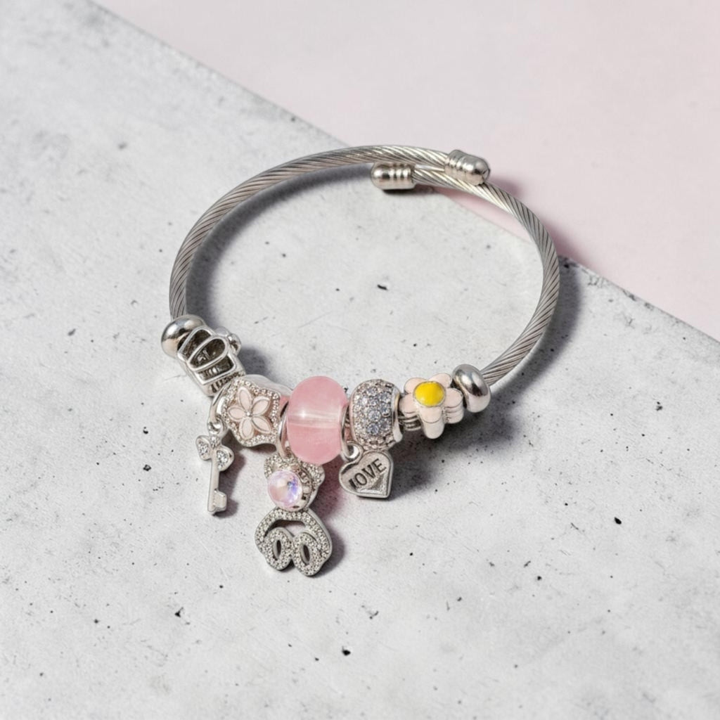 Heart Charm Crystal Bracelet Silver