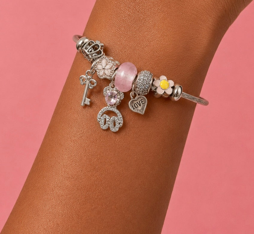 Heart Charm Crystal Bracelet Silver