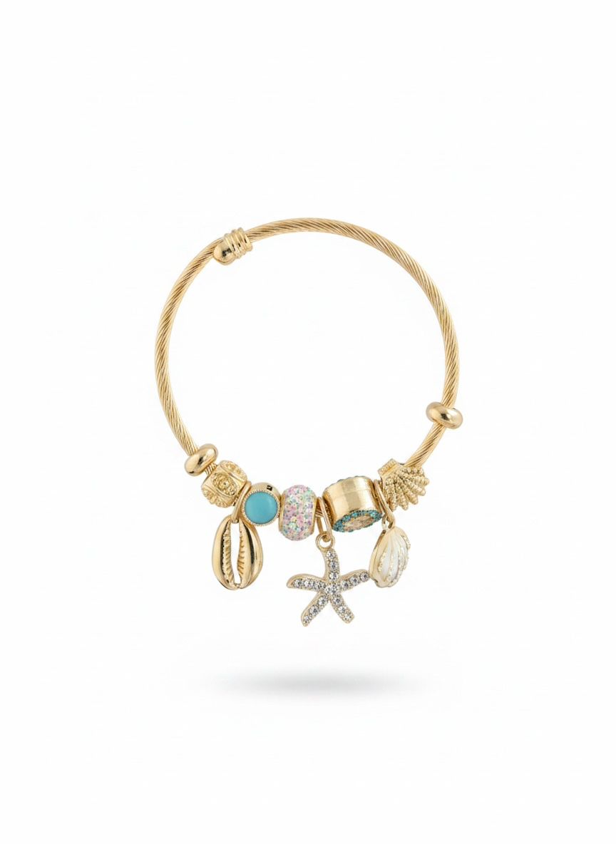 Starfish Seashell Crystal Charm Bracelet Gold
