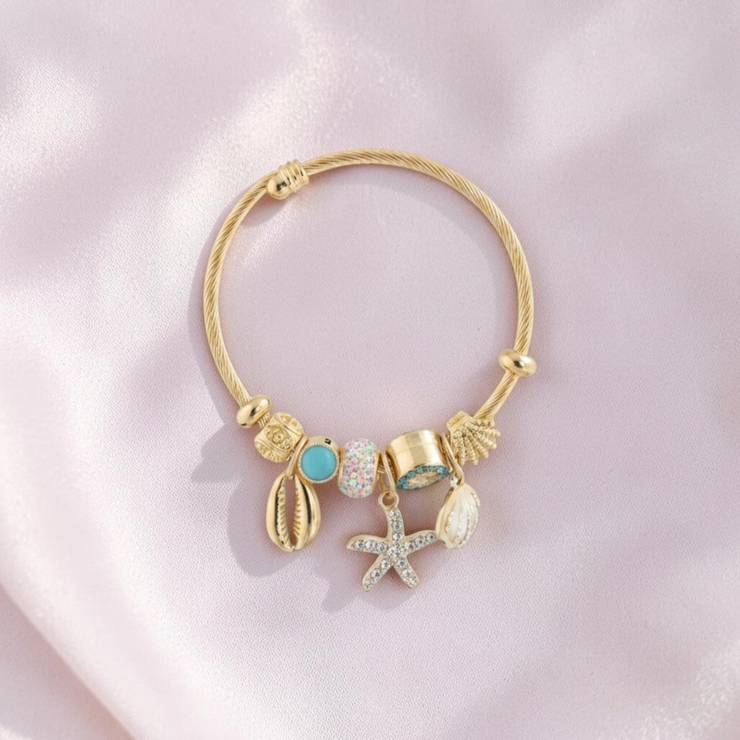 Starfish Seashell Crystal Charm Bracelet Gold