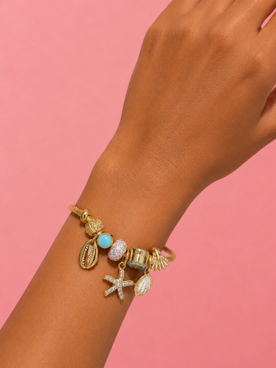 Starfish Seashell Crystal Charm Bracelet Gold