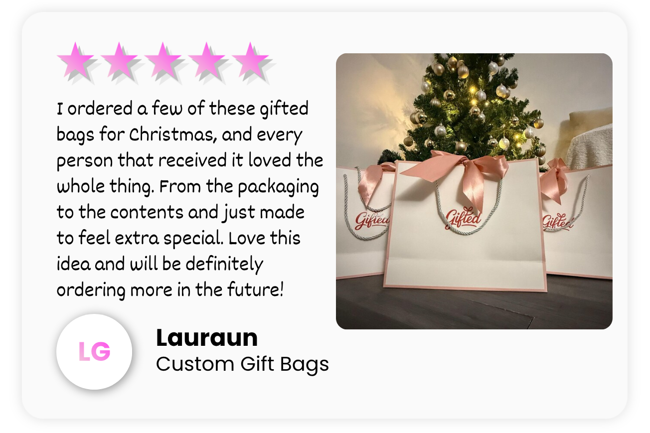 Custom gift bags with a Christmas tree and decorative lights, featuring a five-star review and Gifted brand name.