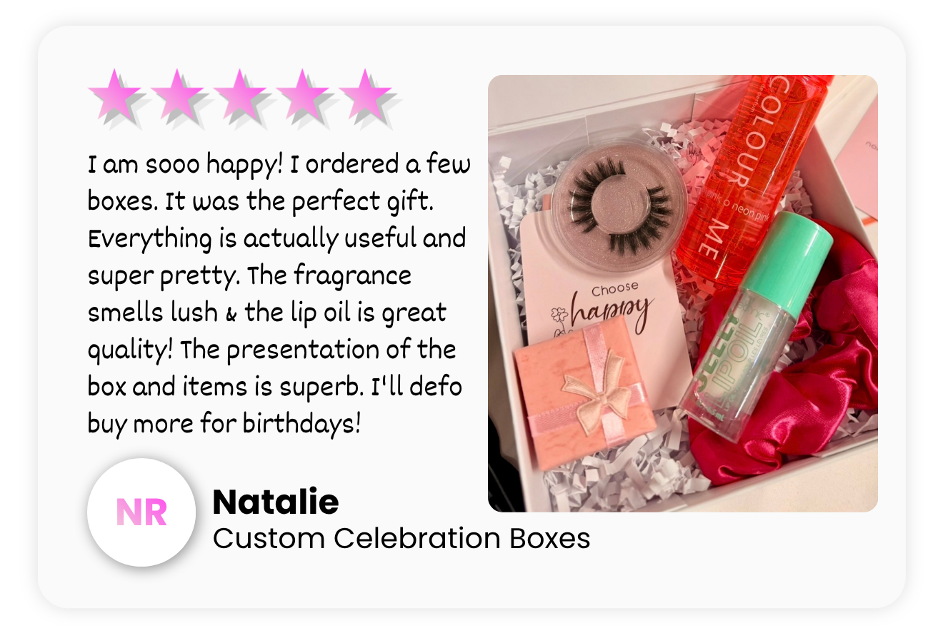 Gifted UK party celebration box and gift bag review with a box of beauty items and a five-star rating, featuring Natalie's feedback.