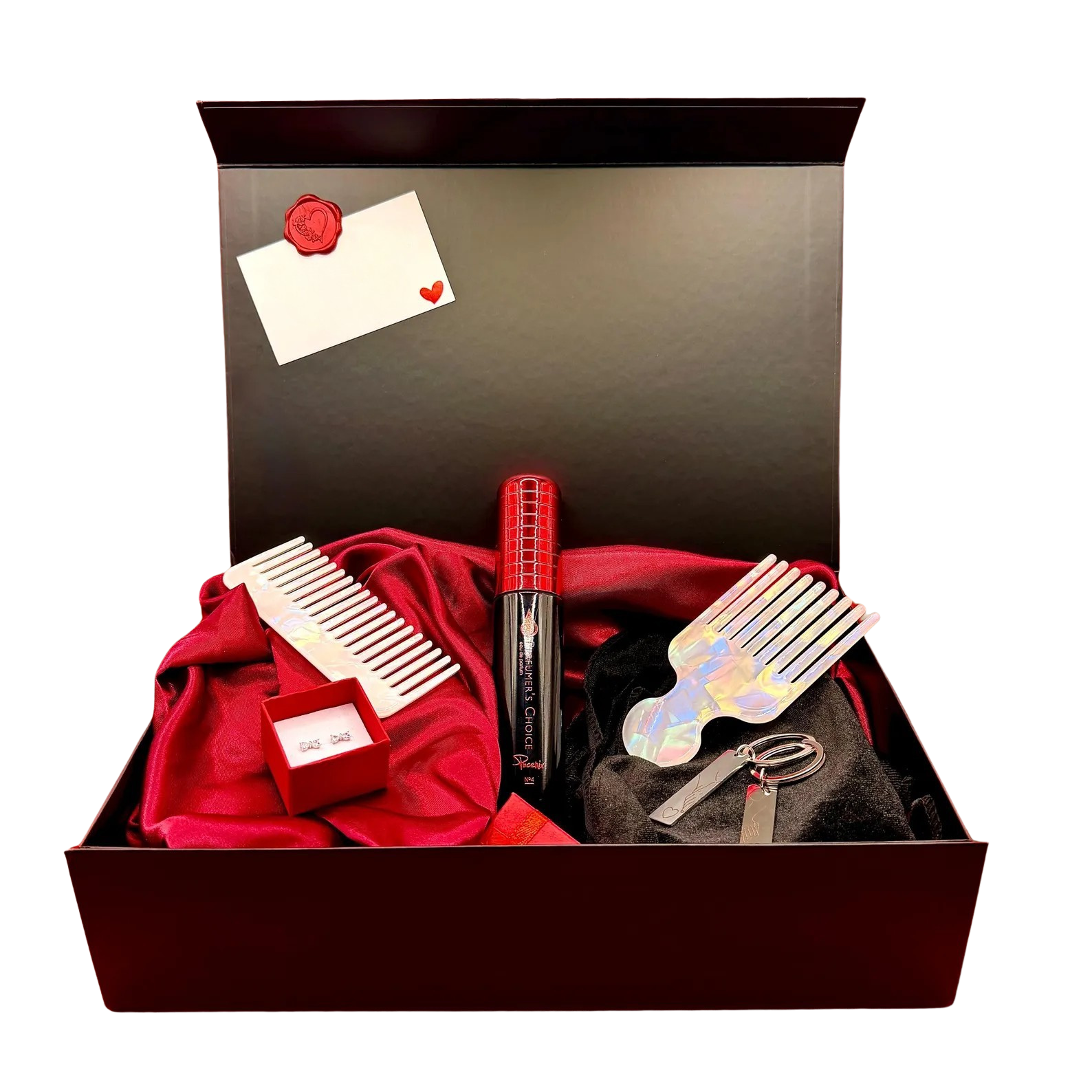Gift set with combs, a bottle, and other items inside an open box on a white background. create a gift box, design a gift, christmas gift, valentines gift, gift for her