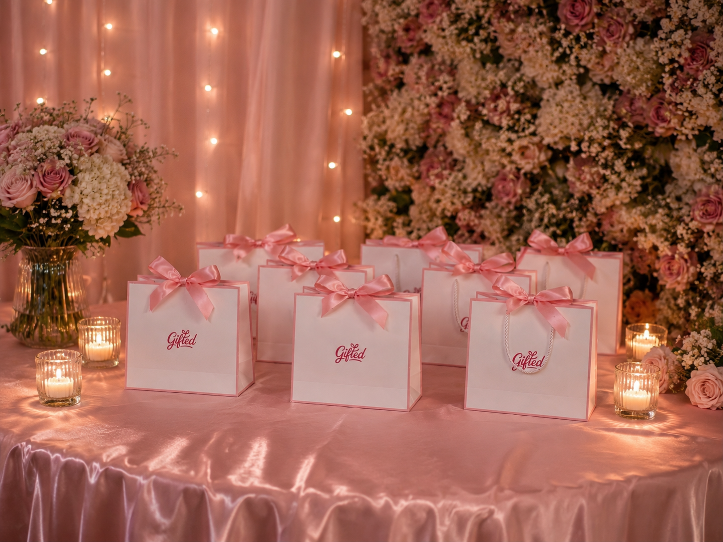 A group of white gift bags with pink satin bows and the word 'Gift!' printed on them, arranged on a pink satin-covered table in a decorated event setting with flowers, candles, and string lights.