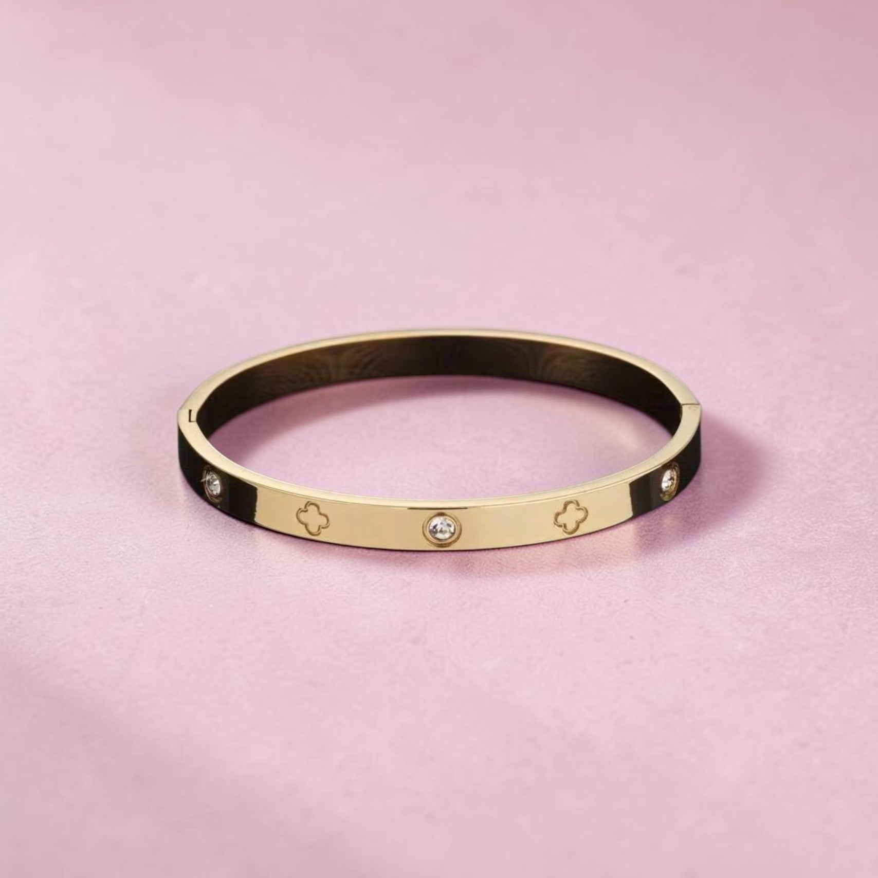 Gold Plated Stainless Steel Lucky Clover Rhinestone Bangle Tarnish Free