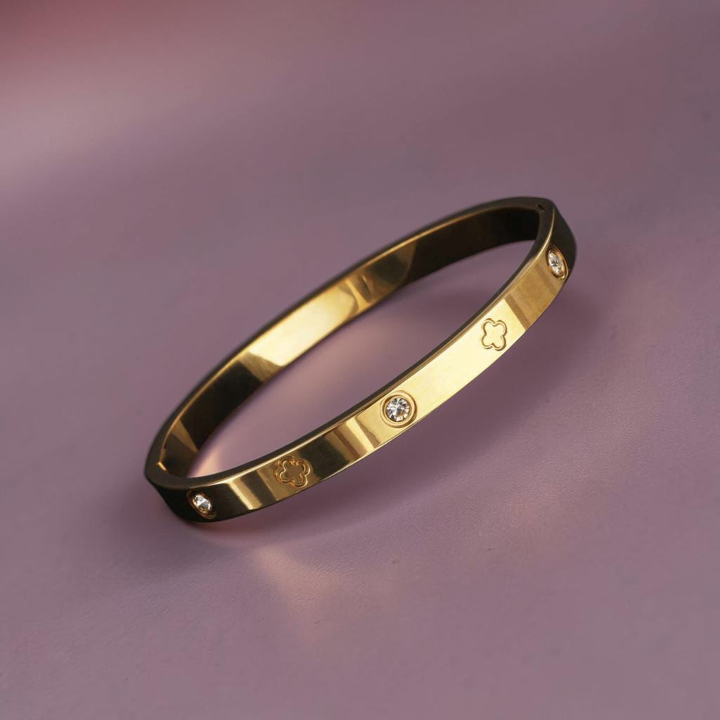 Gold Plated Stainless Steel Lucky Clover Rhinestone Bangle Tarnish Free