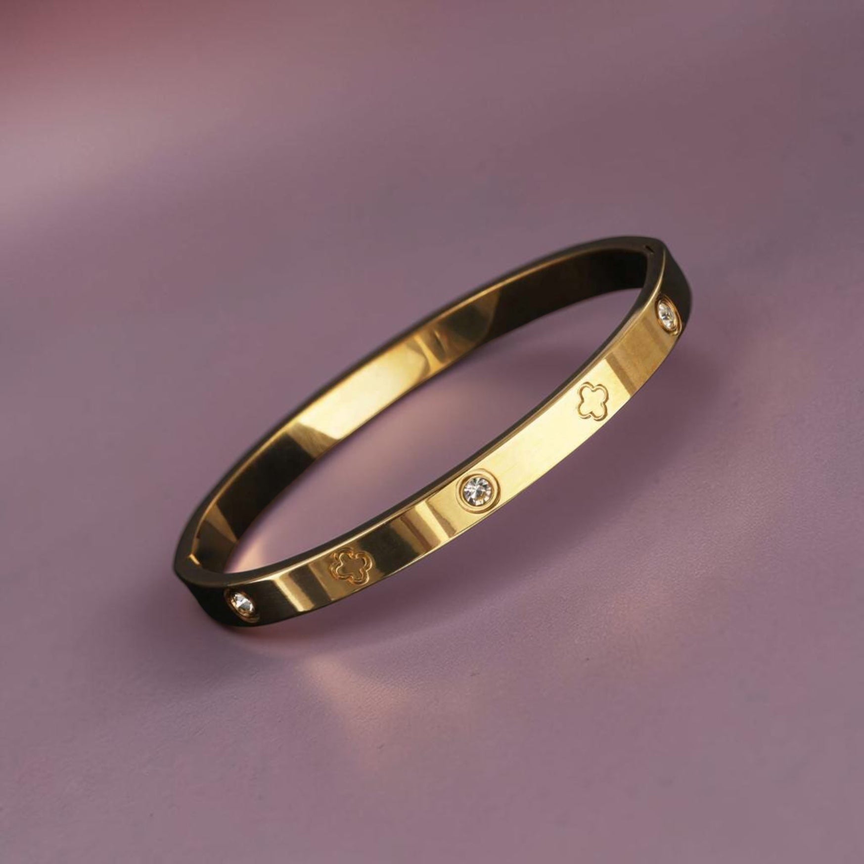 Gold Plated Stainless Steel Lucky Clover Rhinestone Bangle Tarnish Free