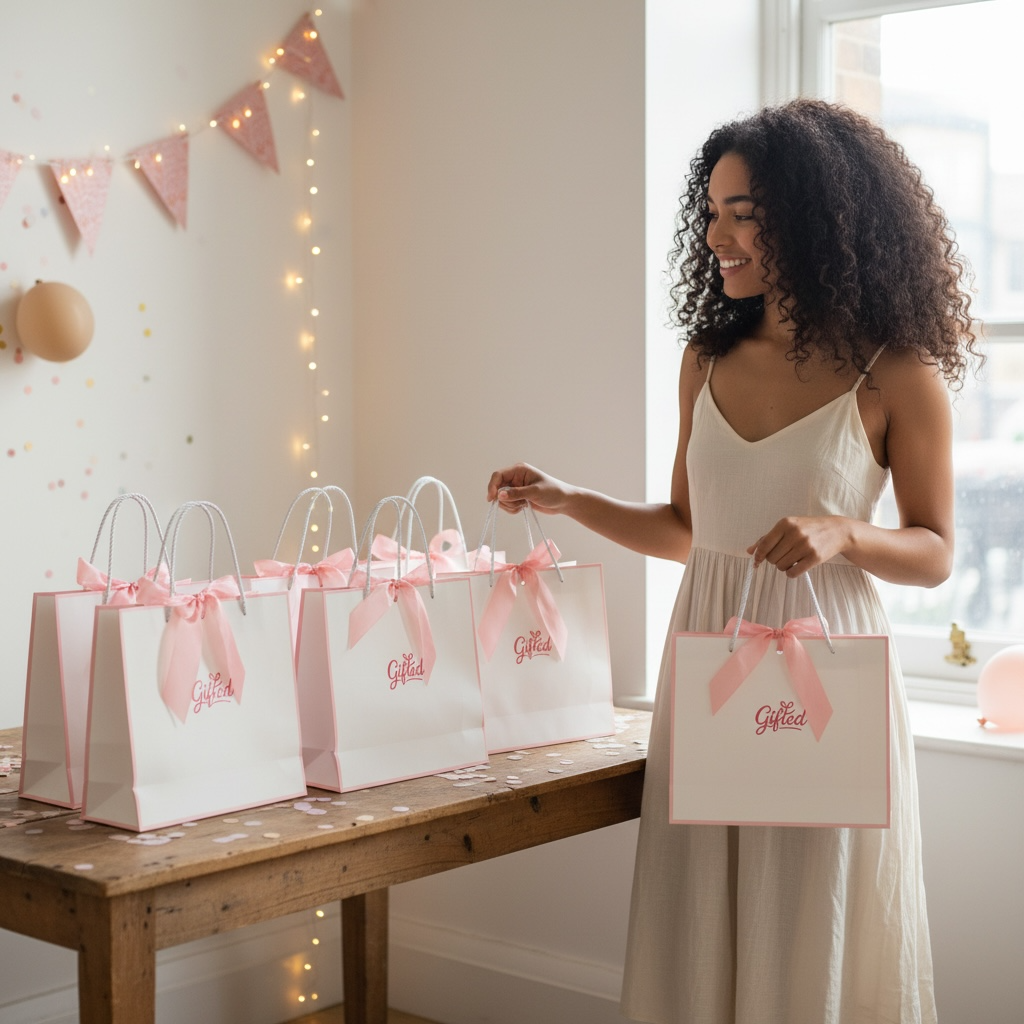 birthday girl celebration with party gift bags
