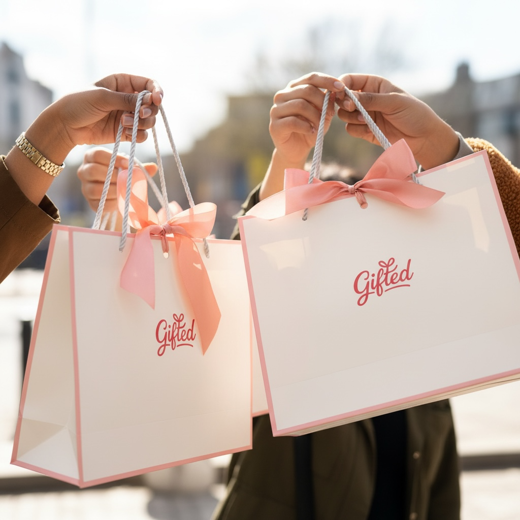 Two hands holding 'Gifted' branded white party favour gift bags with pink ribbons against a blurred outdoor background.