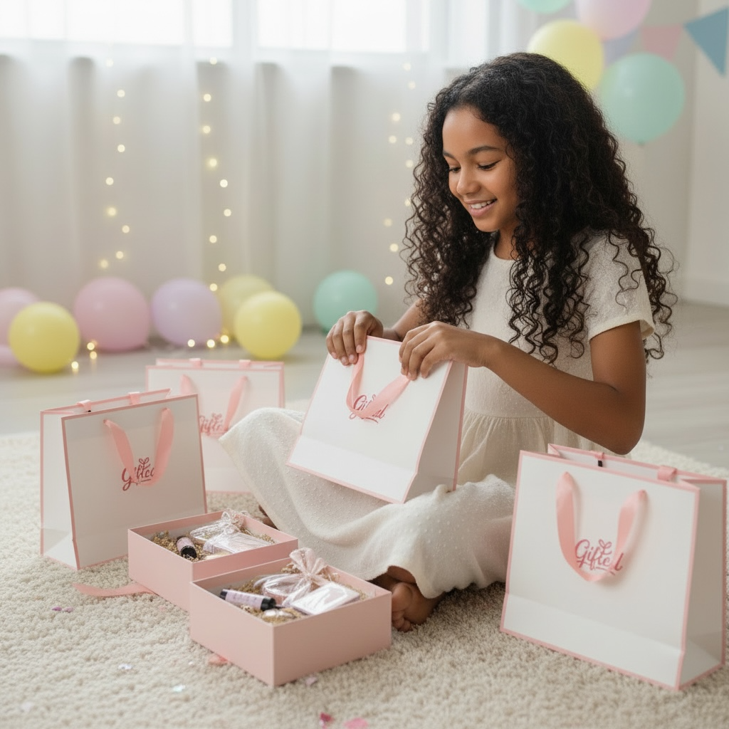 gift opening a  birthday gift box and party bag with pastel balloons in the background