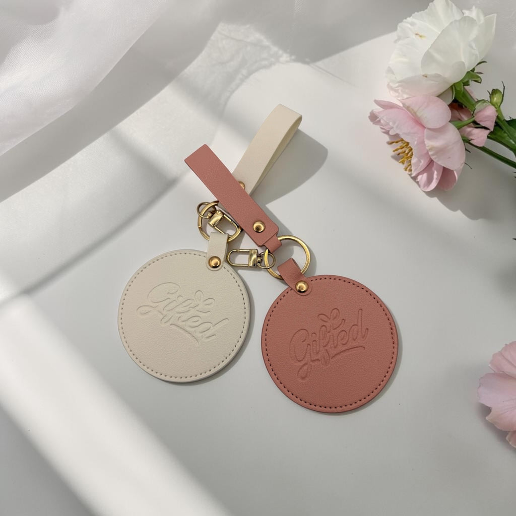 Compact Travel Mirror Keychain | Gifted Embossed Leather Bag Tag Accessory
