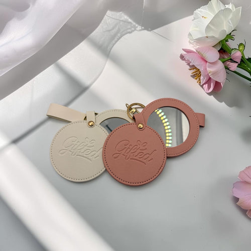 Compact Travel Mirror Keychain | Gifted Embossed Leather Bag Tag Accessory