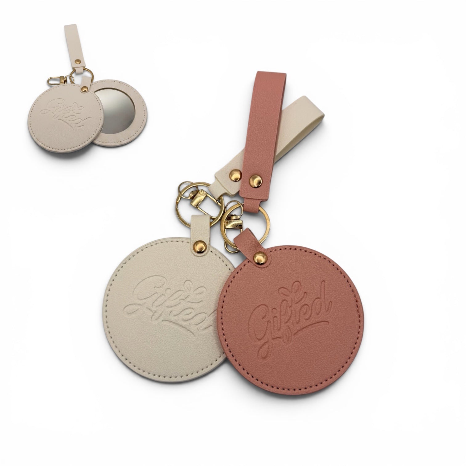 Compact Travel Mirror Keychain | Gifted Embossed Leather Bag Tag Accessory